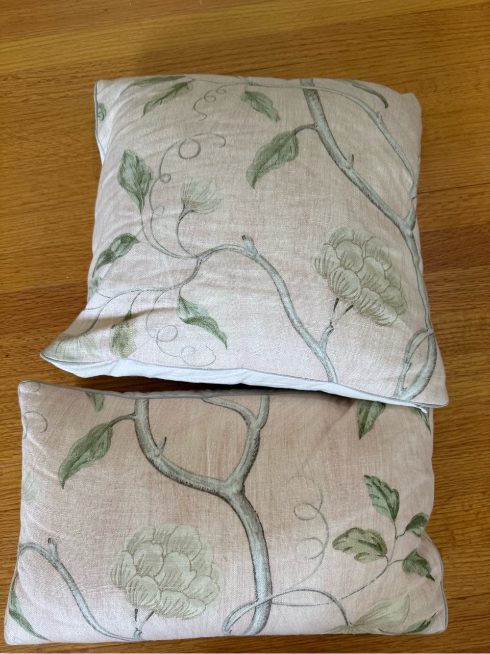 Colefax & Fowler Floral Vine Decorative Pillow Covers in Soft Pink and Sage